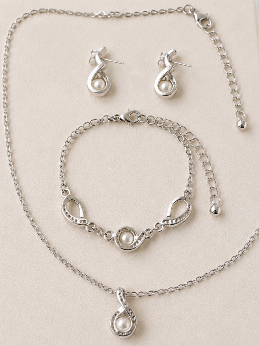 Genuine Ivory White Pearl Necklace, Bracelet & Earrings Jewelry Set